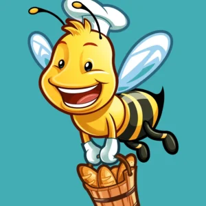 Cartoon illustration of a cheerful bee in a chef's hat carrying a basket of bread