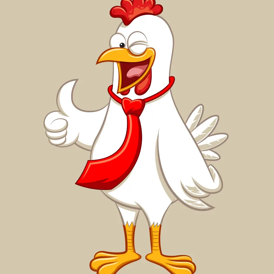 Cartoon illustration of a cheerful white rooster in a red tie giving a thumbs-up
