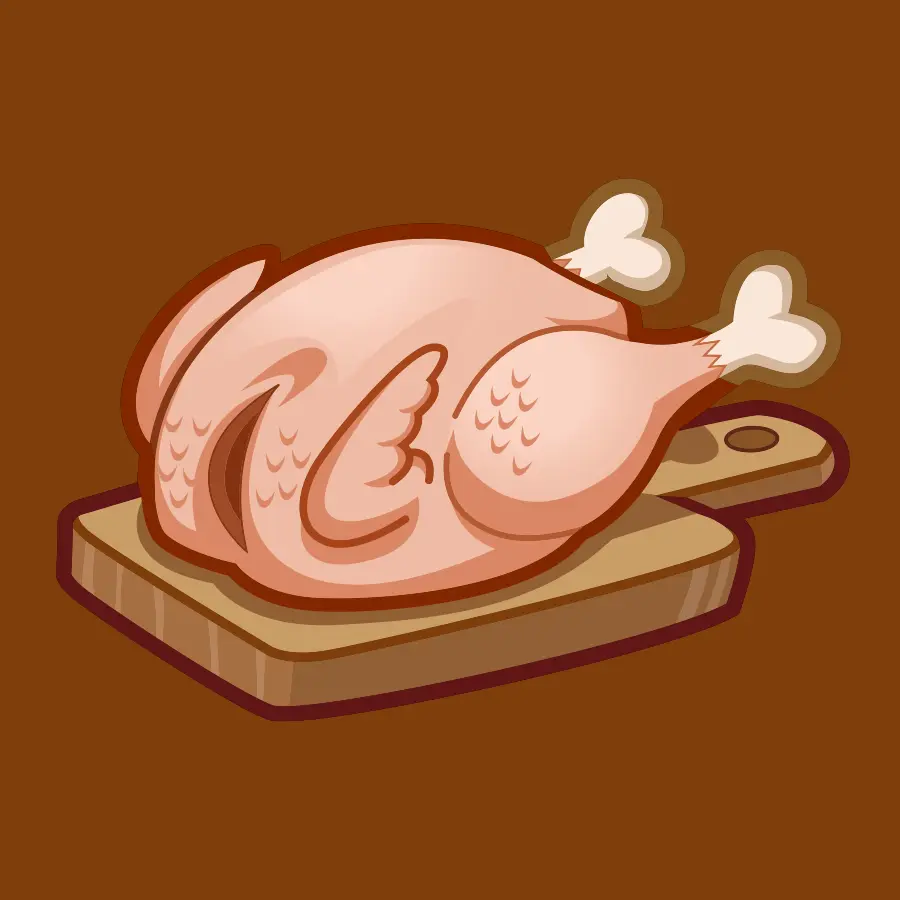 Cartoon style icon of a raw chicken on cutting board.