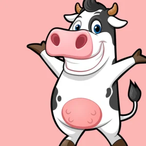 Cartoon illustration of a happy black and white cow standing with arms raised