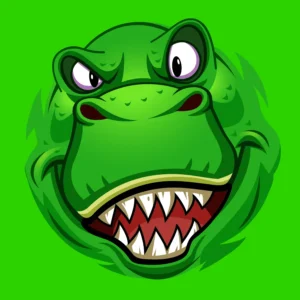 Cartoon illustration of an angry green dinosaur with sharp teeth