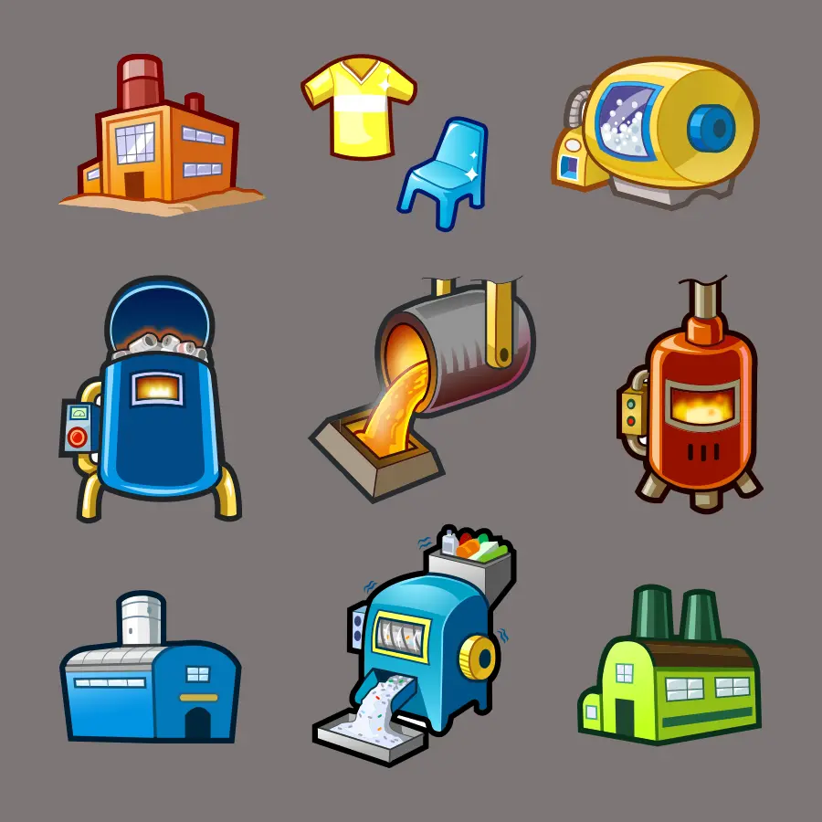 Cartoon factory and industrial equipment icons set.