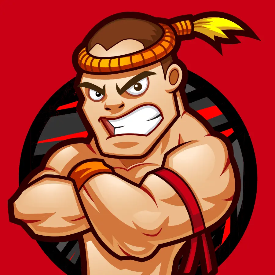 Fighter mascot character with intense expression.