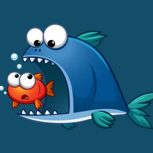 Cartoon illustration of a goofy blue fish chasing a frightened little red fish