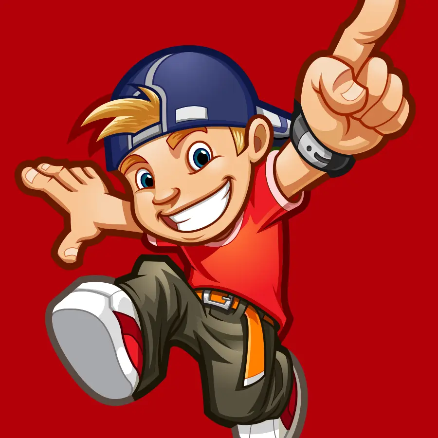 Cartoon illustration of a grinning boy in a backwards cap leaping and pointing up