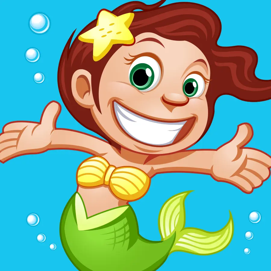 Cartoon illustration of a cheerful mermaid with a green tail and a starfish hair accessory