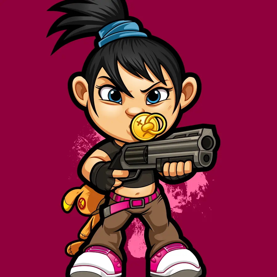 Cartoon illustration of a fierce-looking young girl with a pacifier in her mouth, holding a large double-barrel shotgun