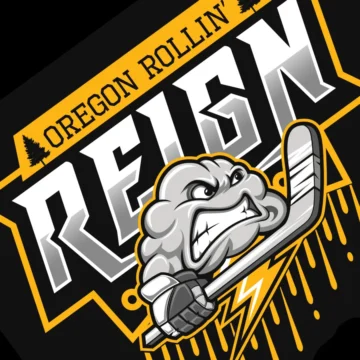 Oregon Rollin' Reign hockey team logo with an angry storm cloud mascot