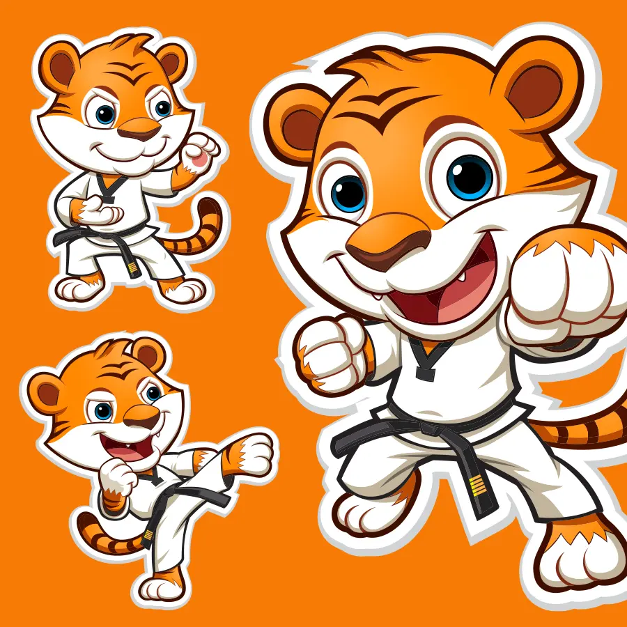 Cartoon tiger character in karate outfit performing taekwondo in 3 different poses.
