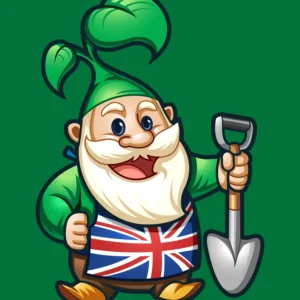Cartoon garden gnome logo with shovel and Union Jack apron