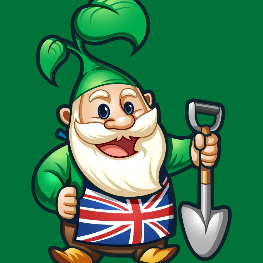 Cartoon garden gnome logo with shovel and Union Jack apron.