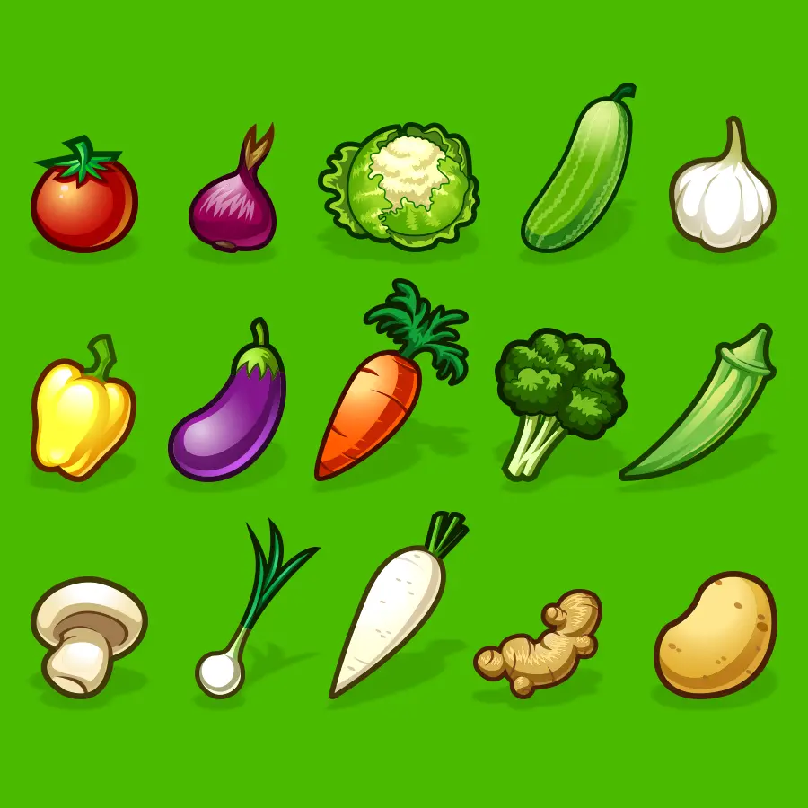 Cartoon vegetable icons set on green background.