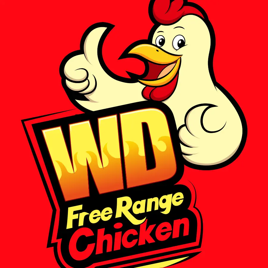 Cartoon chicken mascot logo with thumbs up.